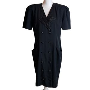 Vintage Black Beaded Coat Dress Size 14 Button Up Boxy Pockets Cocktail Party